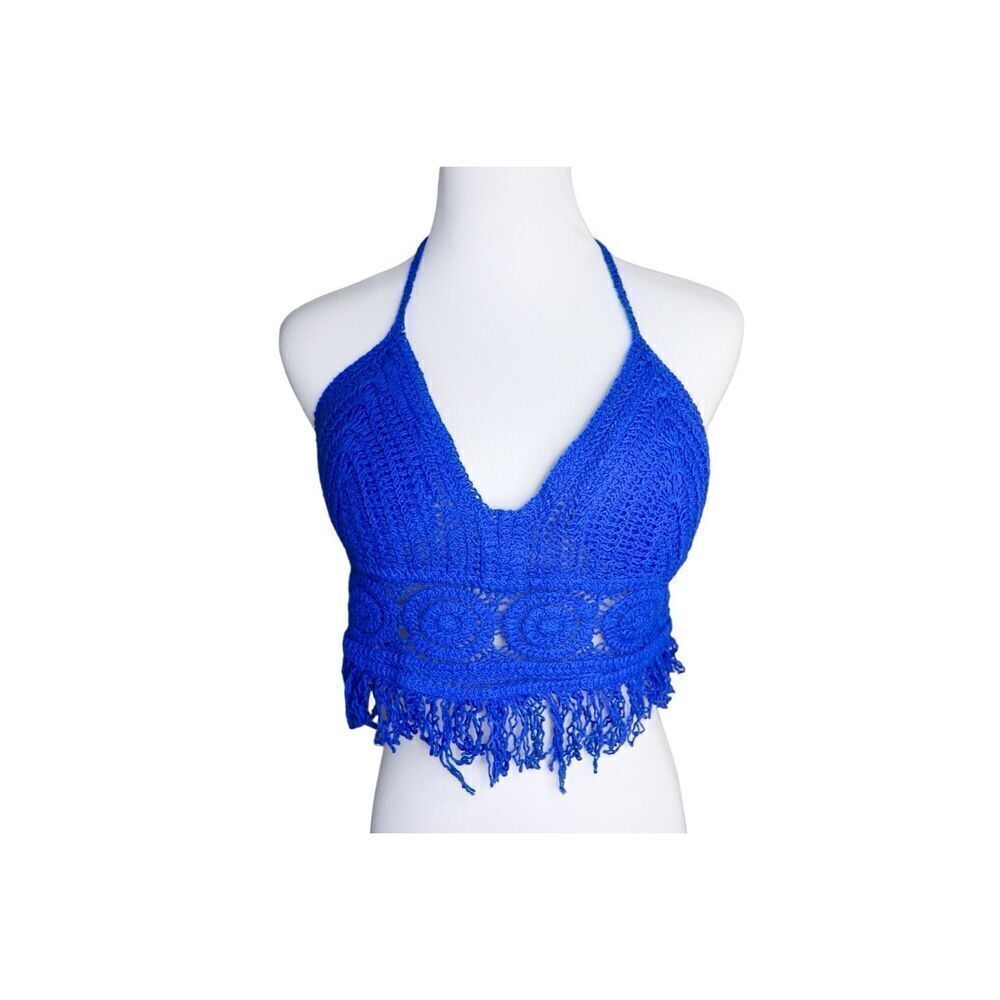 2/$20 Sans Souci Blue Crochet Boho Hippie Cropped Fringe Halter Top sz Small